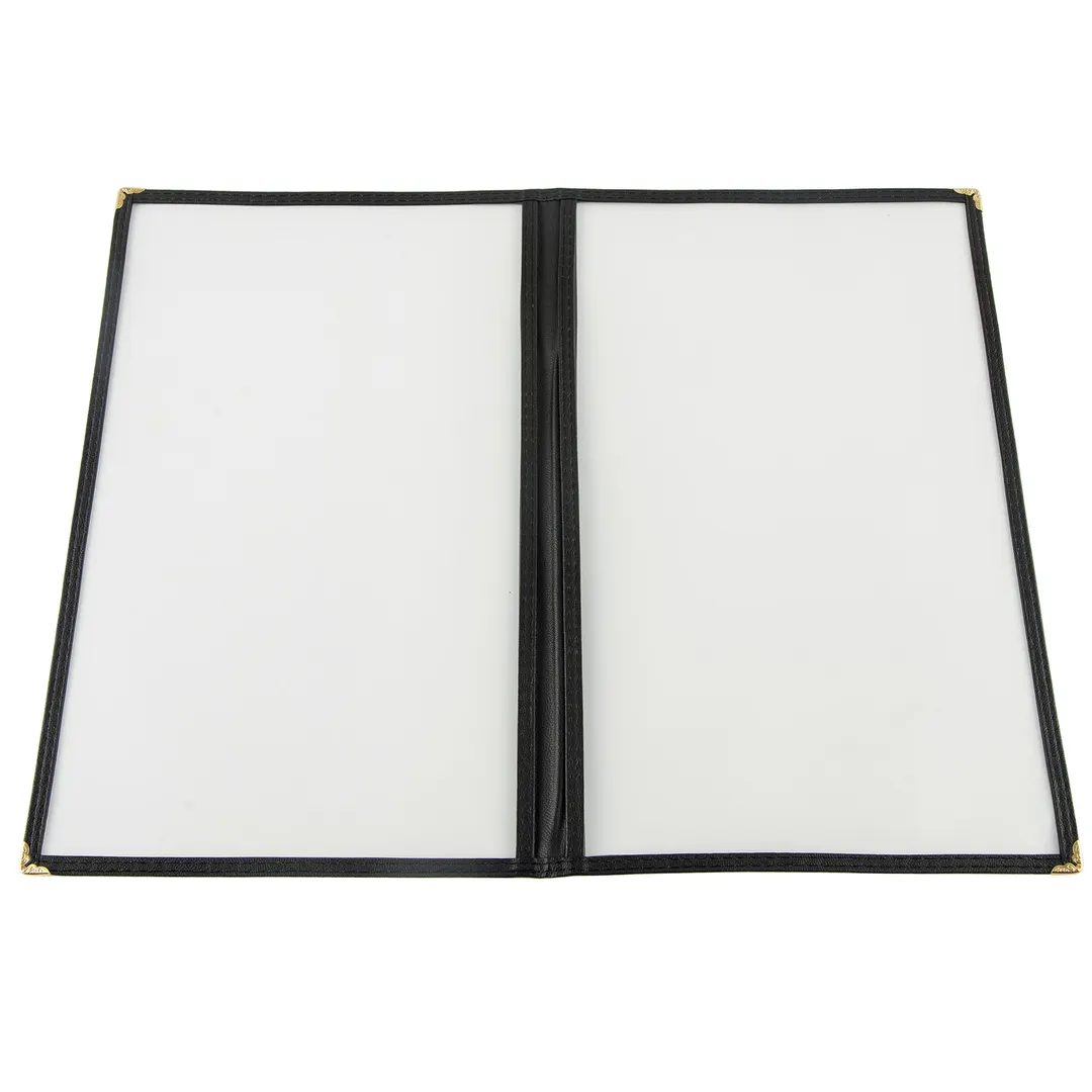 CAC China MCP2-914BK Menu Cover, 2-Pocket, 8-1/2" x 14", Clear View, Brass Corners, Black Trim