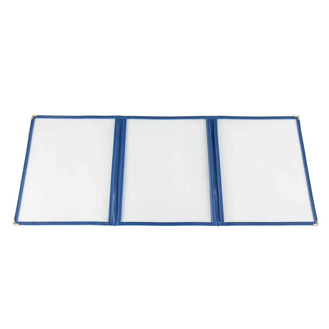 CAC China MCP3-911BL Menu Cover 3-Pocket Vinyl 8.5" x 11" Clear Double-Sided View Blue Trim