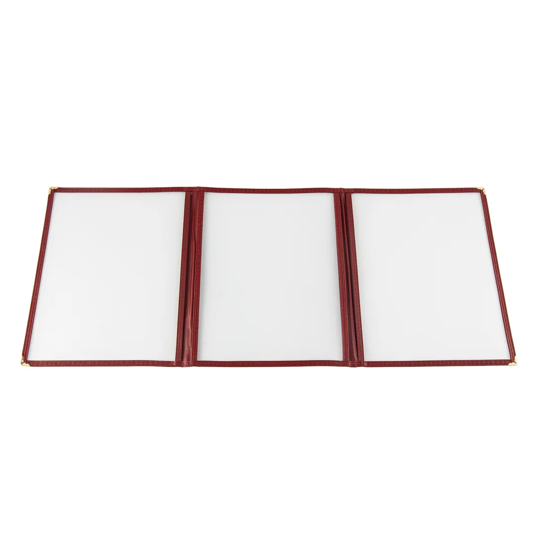 CAC China MCP3-911BY Menu Cover - Vinyl, 8-1/2" x 11", Burgundy Trim, Brass Corners, Double-Sided View