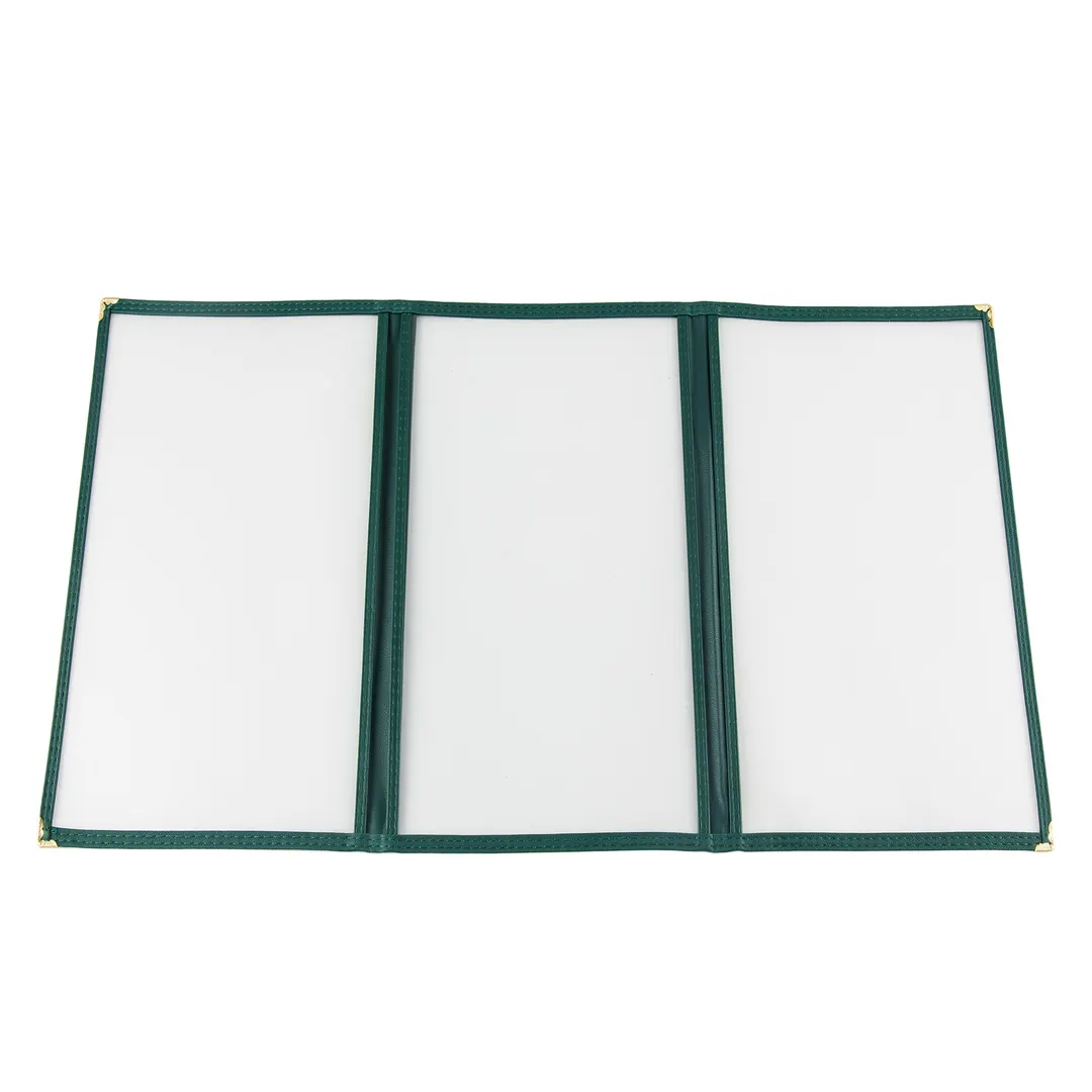 CAC China MCP3-911GN Menu Cover - 3-Pocket Vinyl, 8-1/2" x 11", Double-Sided View, Green Trim
