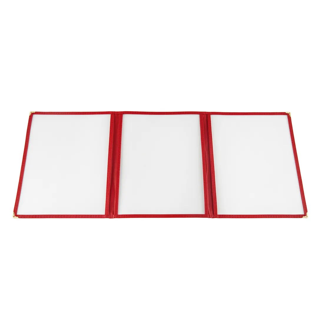 CAC China MCP3-911RD 3-Pocket Menu Cover, 8-1/2" x 11", Double-Sided View, Brass Corners, Red Trim