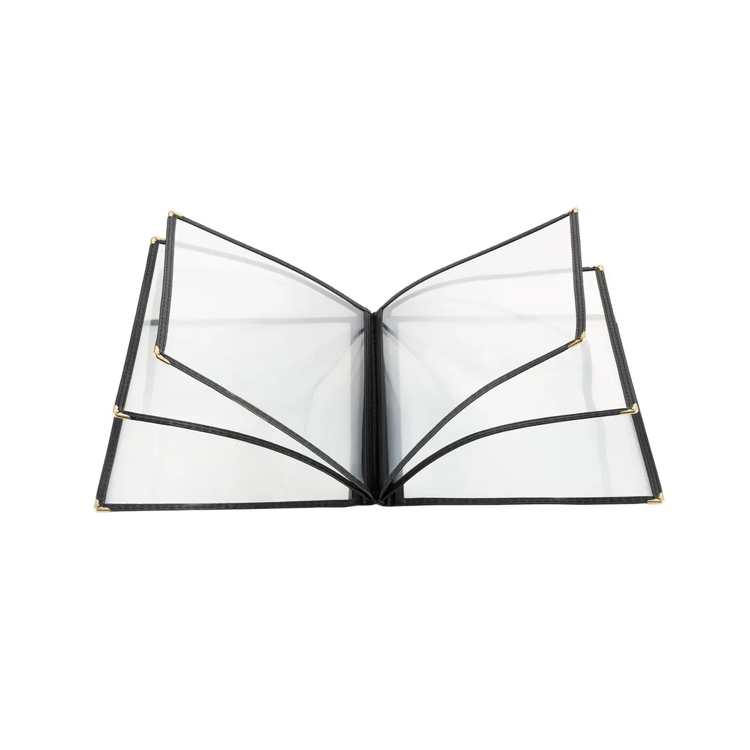 CAC China MCP6-911BK Menu Cover, 4-Pocket Vinyl Booklet, 8-1/2" x 11", Letter Insert, Brass Corners
