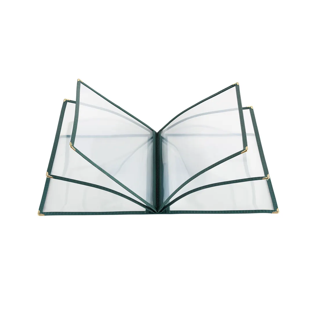 CAC China MCP6-911GN Menu Cover, 6-Pocket, 8½" x 11" Green Trim, Brass Corners, Double‑Sided View