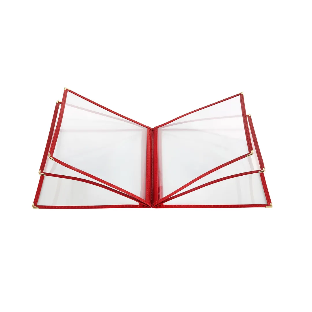 CAC China MCP6-911RD Menu Cover, 6-Pocket Vinyl Booklet, 8½" x 11" Red Trim with Brass Corners