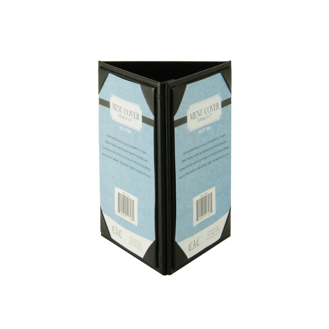 CAC China MCT3-75BK Menu Tent Cover, 2‑Panel 5" x 7" Insert, Faux Leather Black, Leather‑Like Material