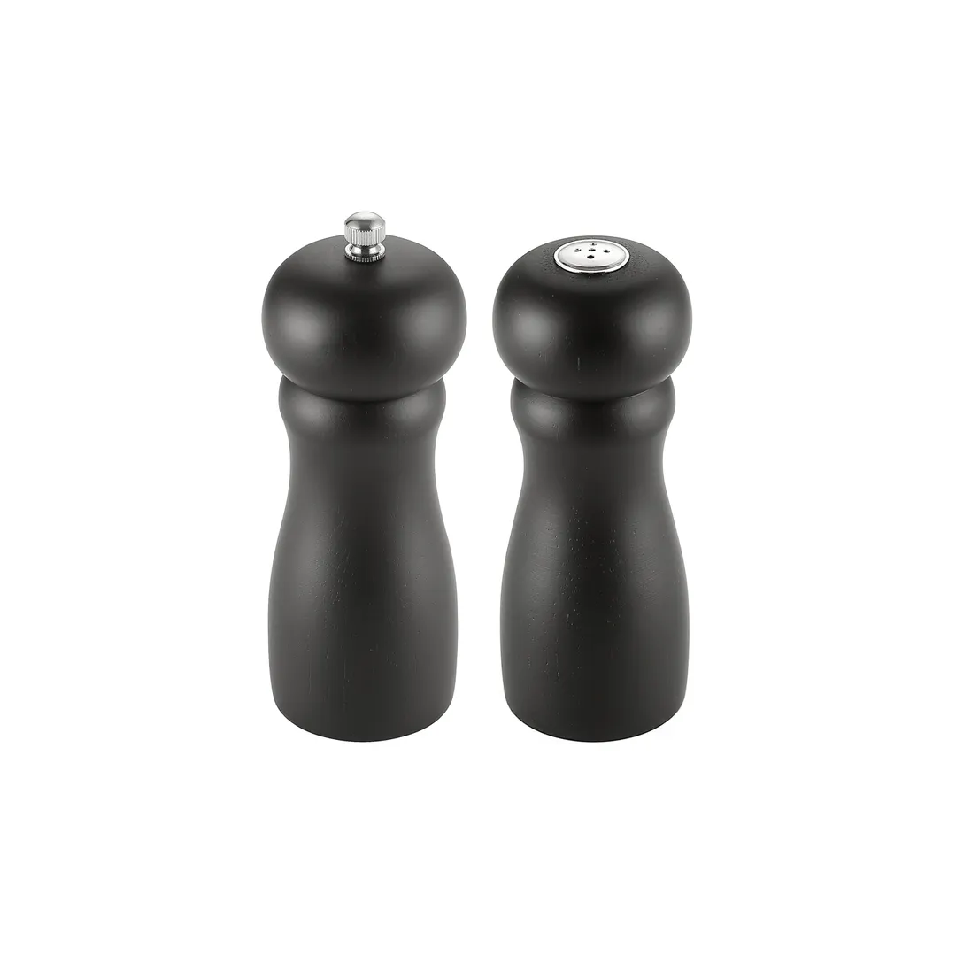 CAC China PMW2-S6BK Pepper Mill & Salt Shaker Set, 6" Height, Grinding Knob, Wood Body Matte - 2/Set
