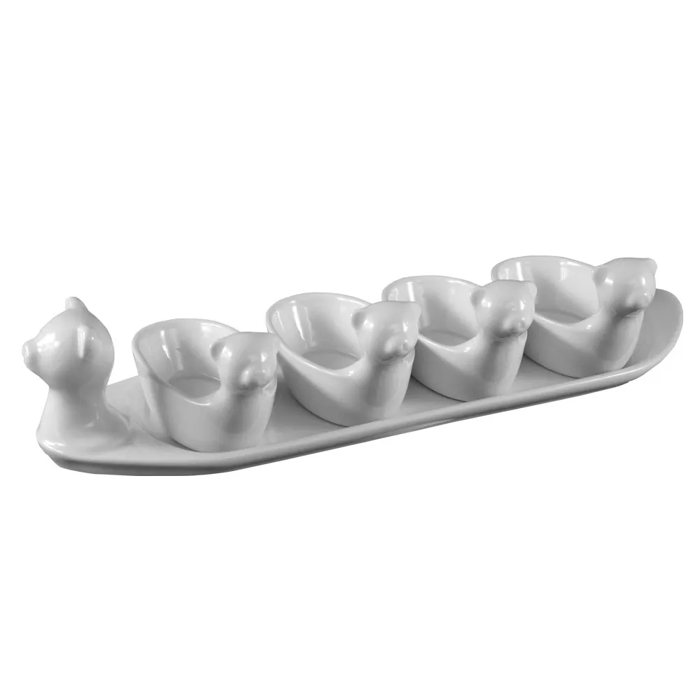 CAC China PTA-4-S Gourmet Porcelain Bowl Set, 4 Animal‑Shaped 3.5 oz Dishes (5"×2¼"×2¾") + 13¾"×4"×3" Oblong Tray, Super White, Dishwasher/Oven/Microwave Safe - Set