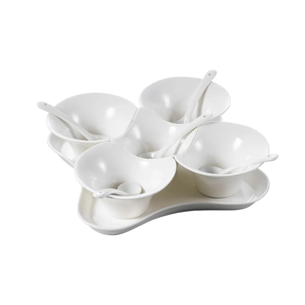 CAC China PTB-11SET - Champagne Porcelain Bowl Set, 5 x 4 oz bowls, 8.75" tray, Dishwasher Safe - 11/Set
