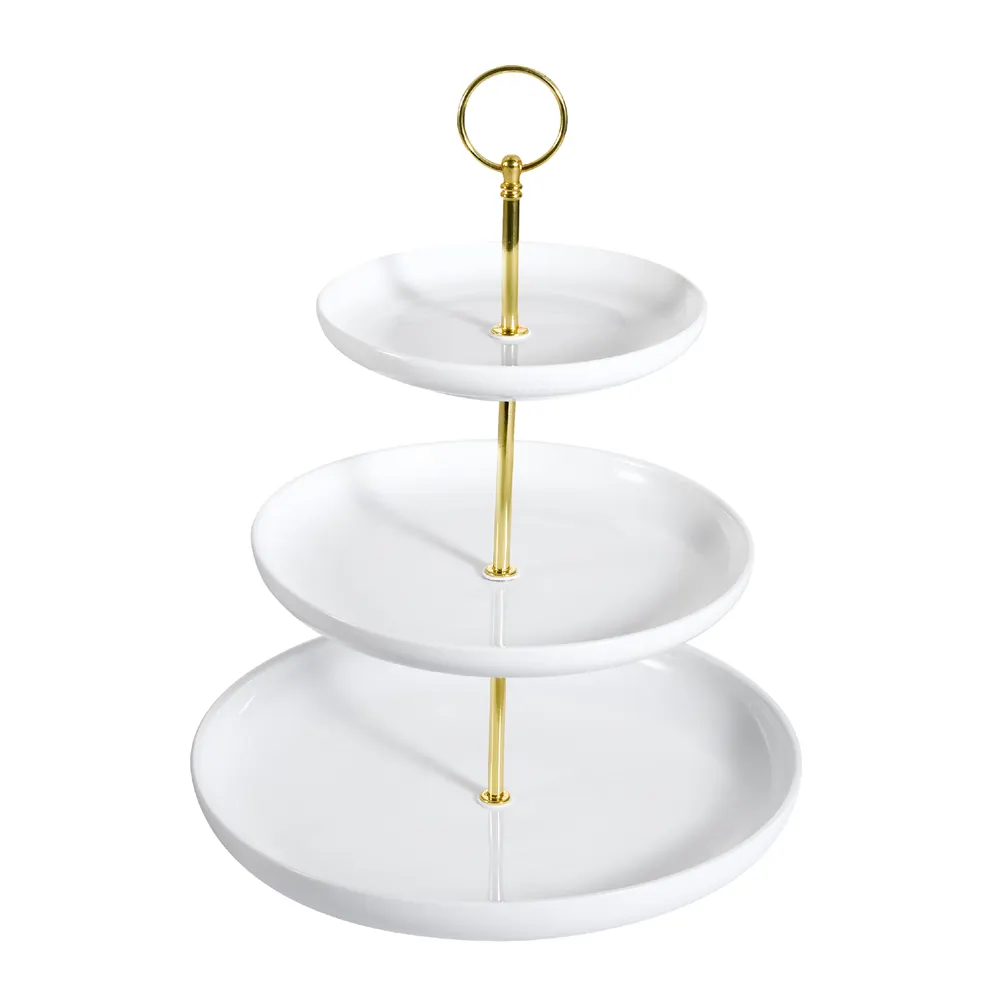CAC China PTE-C3 - 3‑Tier Round Porcelain Tray, 10" Base, 13¾" H, Super White, Dishwasher Safe - Set