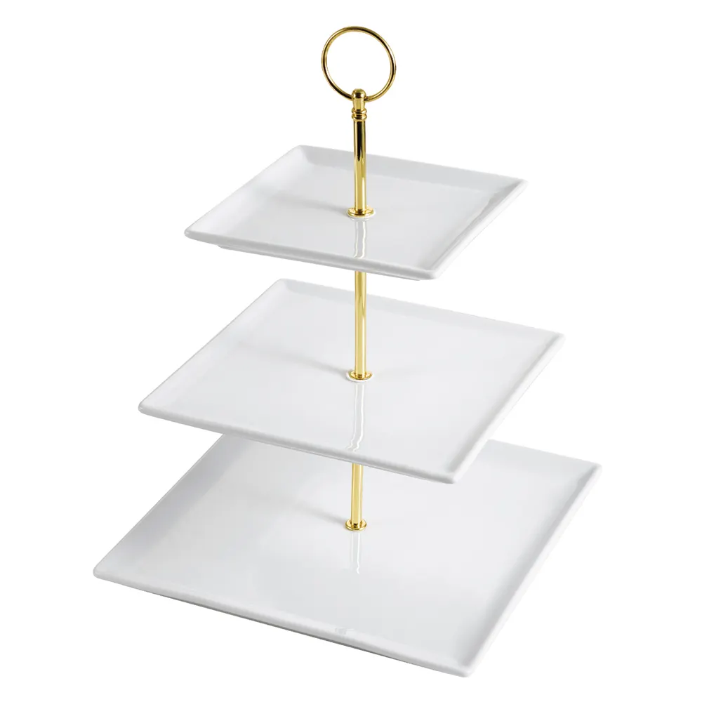 CAC China PTE‑SQ3 3‑Tier Square Porcelain Tray, Base 10"×10", Height 14", White, Dishwasher Safe - Set