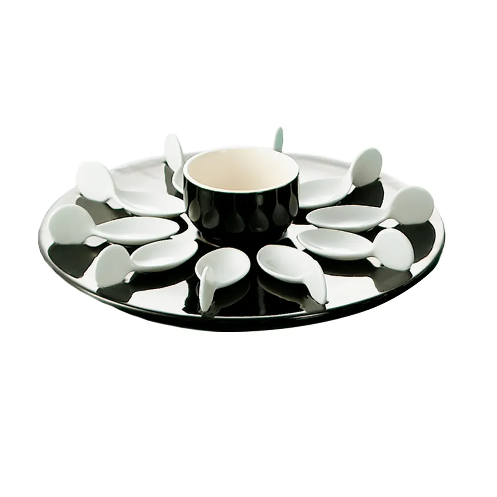 CAC China PTP-21-BLK - Spoon Set, 10 Black Spoons 4", 7oz Bowl, 12" Tray, Dishwasher/Oven Safe - Set