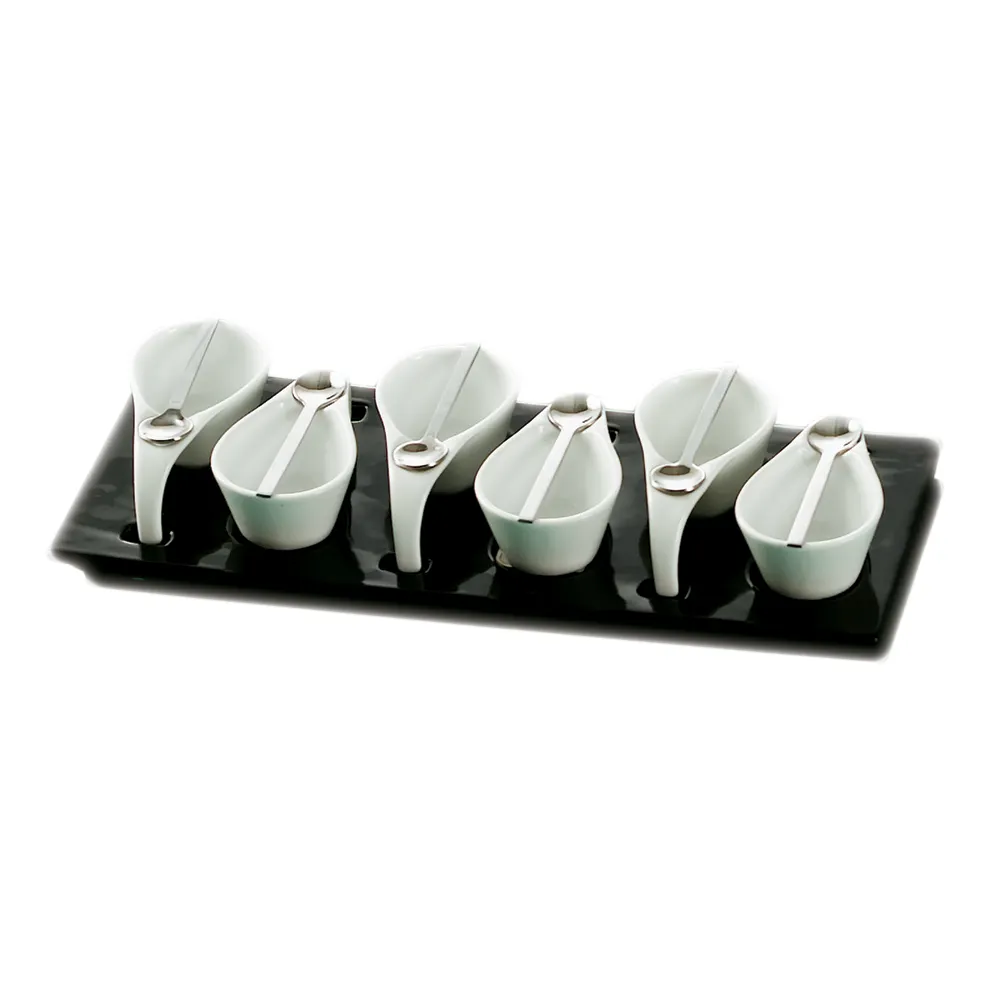 CAC China PTP-6-B Party Set, Six 2‑oz Oval Cups, Six Spoons, 14½"×5¾" Tray, Black/White - Set
