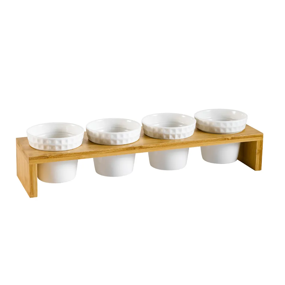 CAC China PTW-4 Porcelain Bowl Set, 4x5‑Oz Bowls (3½" Dia) + Bamboo Stand, Dishwasher Safe - Set