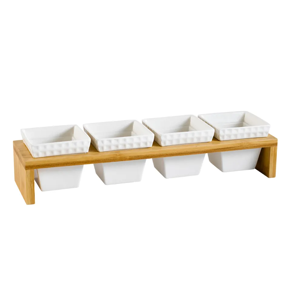 CAC China PTW-5 Bowl Set - Four 7‑oz Square Porcelain Bowls, One Bowl, Bamboo Stand, White - Set