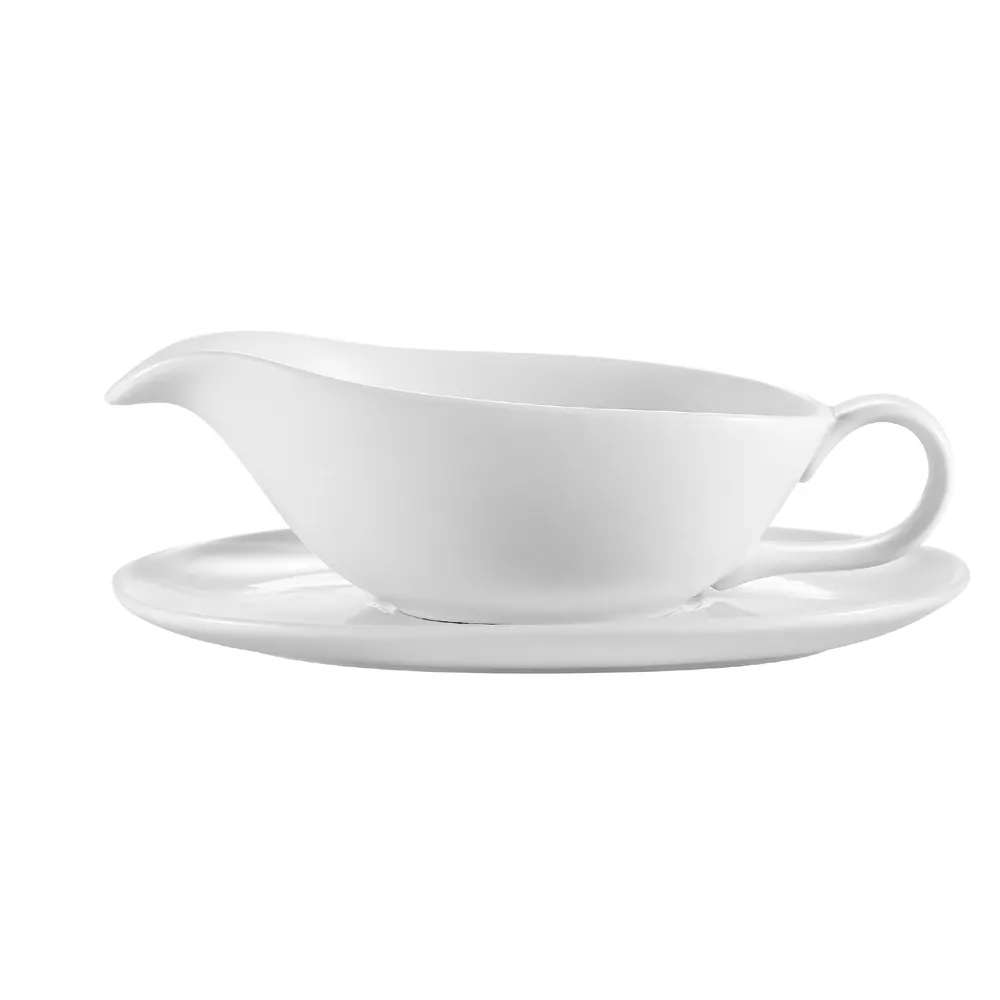 CAC China SBT-20 - 20 oz Porcelain Sauce Boat 9"¼×7" with Handle and Saucer 9"¼×4¾"×⅞", Safe - Set