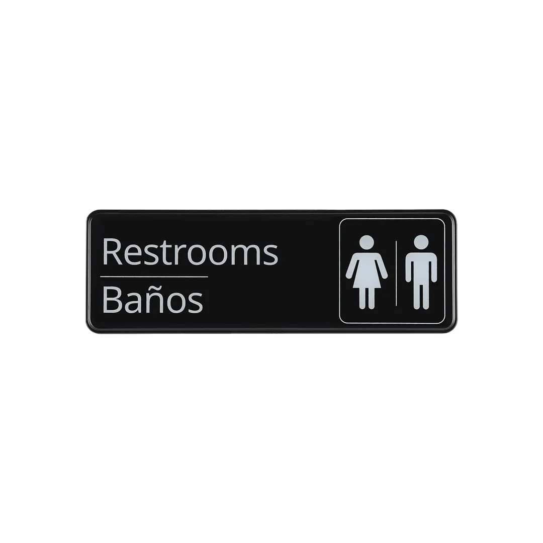 CAC China SCS3-RR07 Compliance Sign, 9" x 3"H, English/Spanish, Restrooms, Heavy-Duty Plastic, Black
