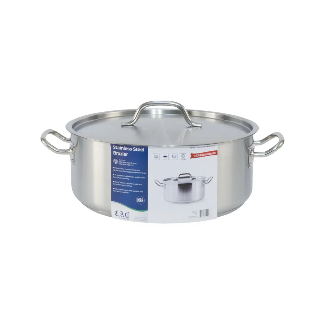 CAC China SSBZ-15 Brazier Pan, 15 qt., 14" x 5.5", Stainless Steel, Induction, Lid, Handles - Set