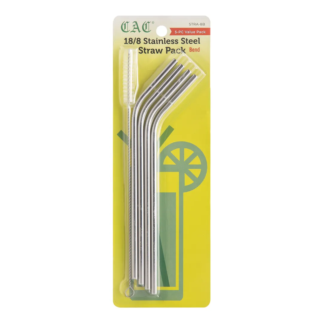 CAC China STRA-8B Reusable Straws, 1/4" dia. x 8-1/2"L, Bend, Stainless Steel, 5/Pack