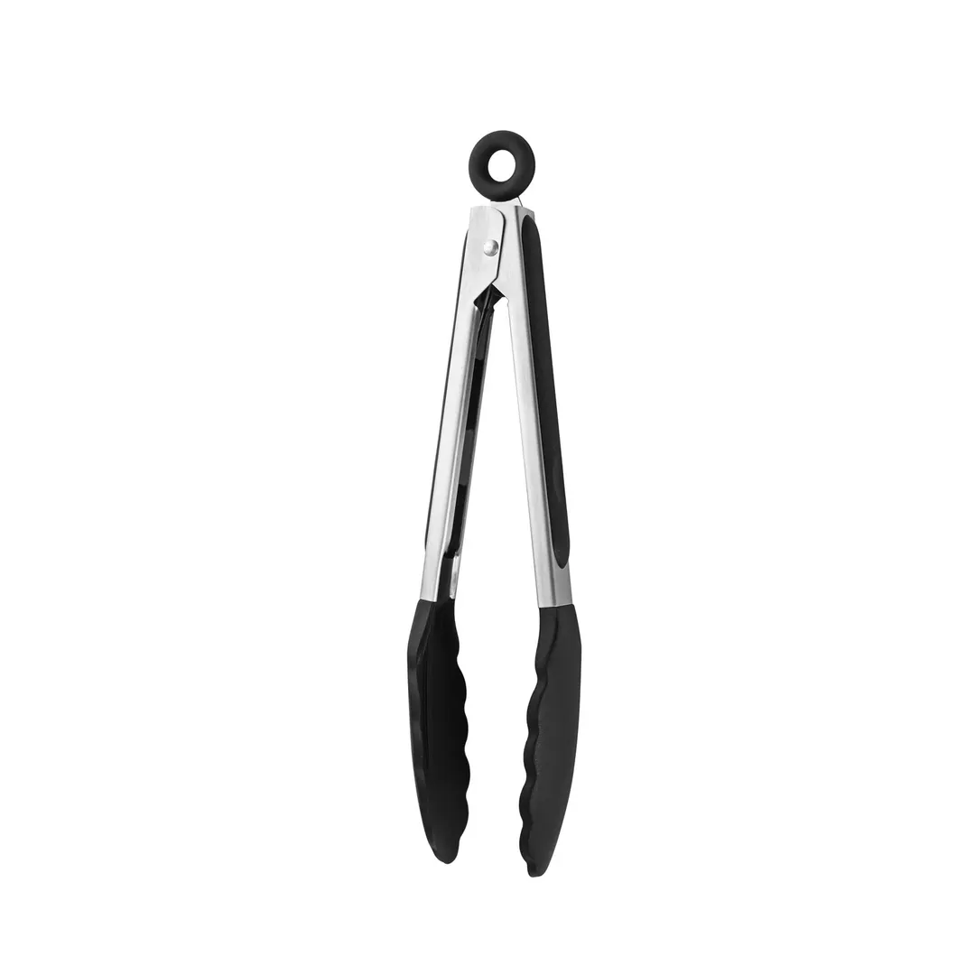CAC China STSH-9 Utility Tongs, 9" Width, Stainless Steel with Silicone Head, Black / Cherry Handle