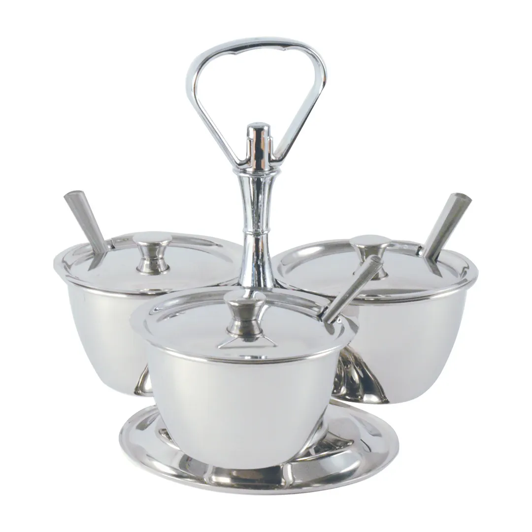 CAC China STSV-3 Tabletop Server Set, 3‑Compartment Stainless Steel Condiment Caddy - Set