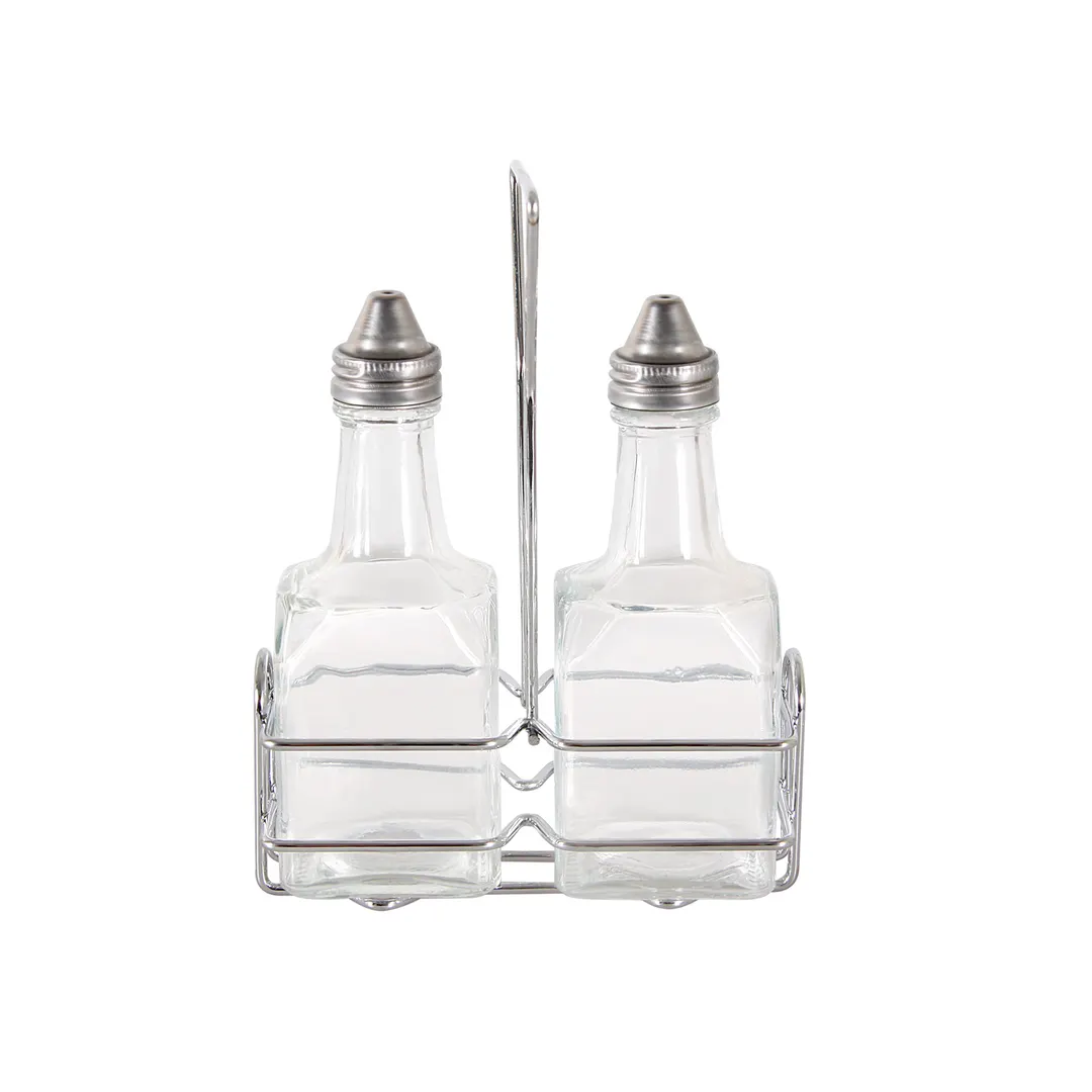 CAC China W2SQ-6S Oil & Vinegar Cruet Set, 6 oz Glass Bottles with Steel Pourers, Chrome Rack - Set