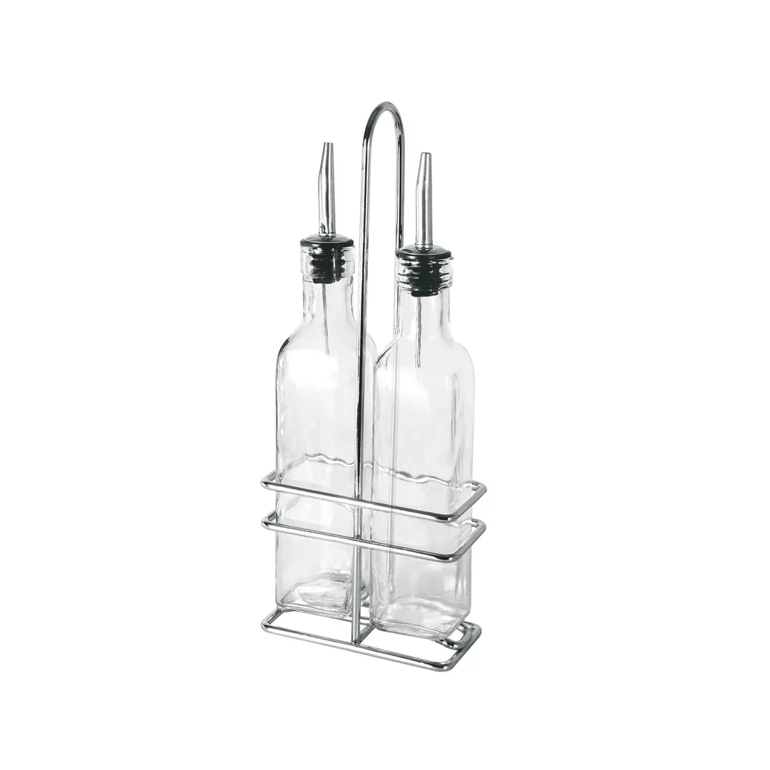 CAC China W2SQ-8S Oil & Vinegar Cruet Set, 8 Oz Glass Bottles with Steel Pourers, Chrome Rack - Set