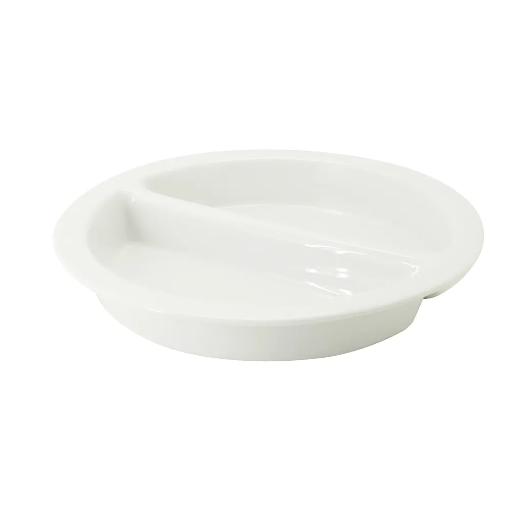 CAC China BF-R17 Food Pan, 15-3/8" Dia x 2-1/2" H, 2‑Compartment Porcelain, Oven Microwave Safe