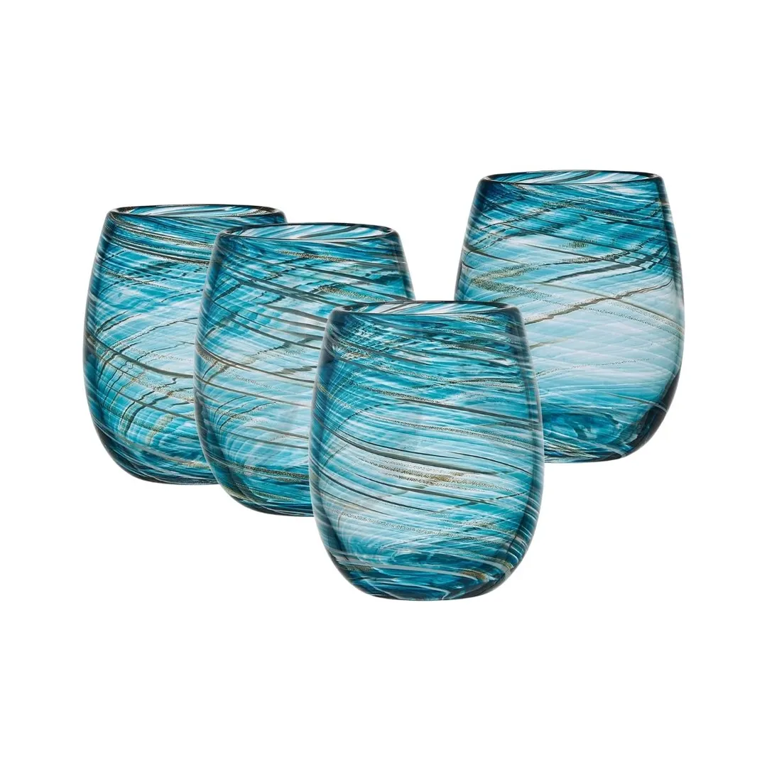 Mikasa 5308419 Breeze Wine Glass, 16 oz., Stemless, Blue, 3.66"W x 3.66"D x 4.53"H