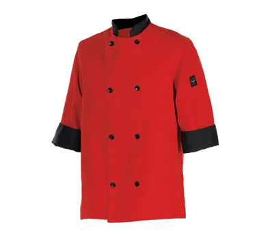 Chef Revival J134TM-M Chef's Jacket Medium 3/4 Sleeve PolyCotton Tomato Red Black Collar & Cuffs