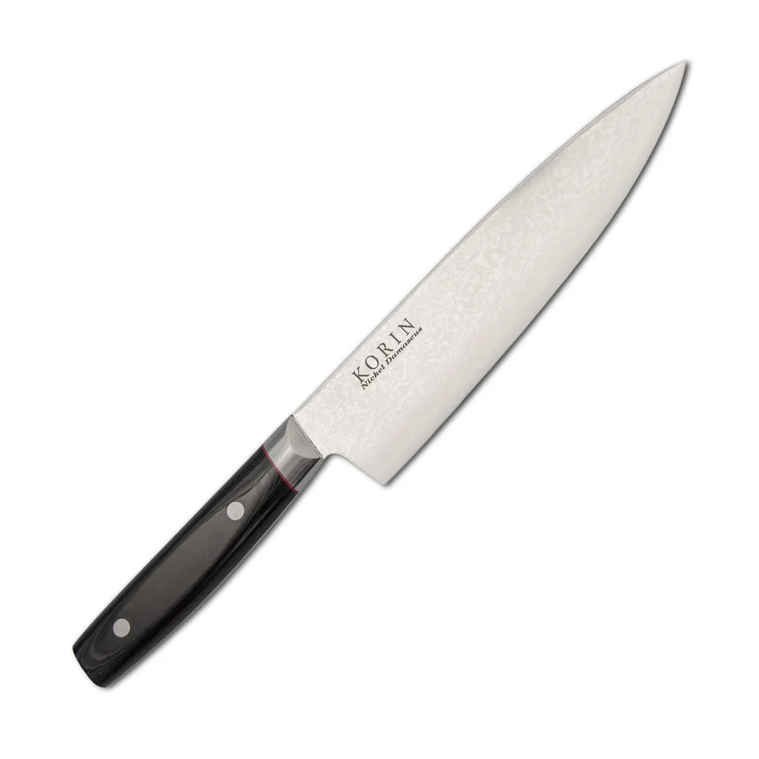 Korin HKR-DMGY-200 Damascus Gyutou, 7-7/8" (20 cm) V10 Nickel Steel, Black Paper Micarta Handle