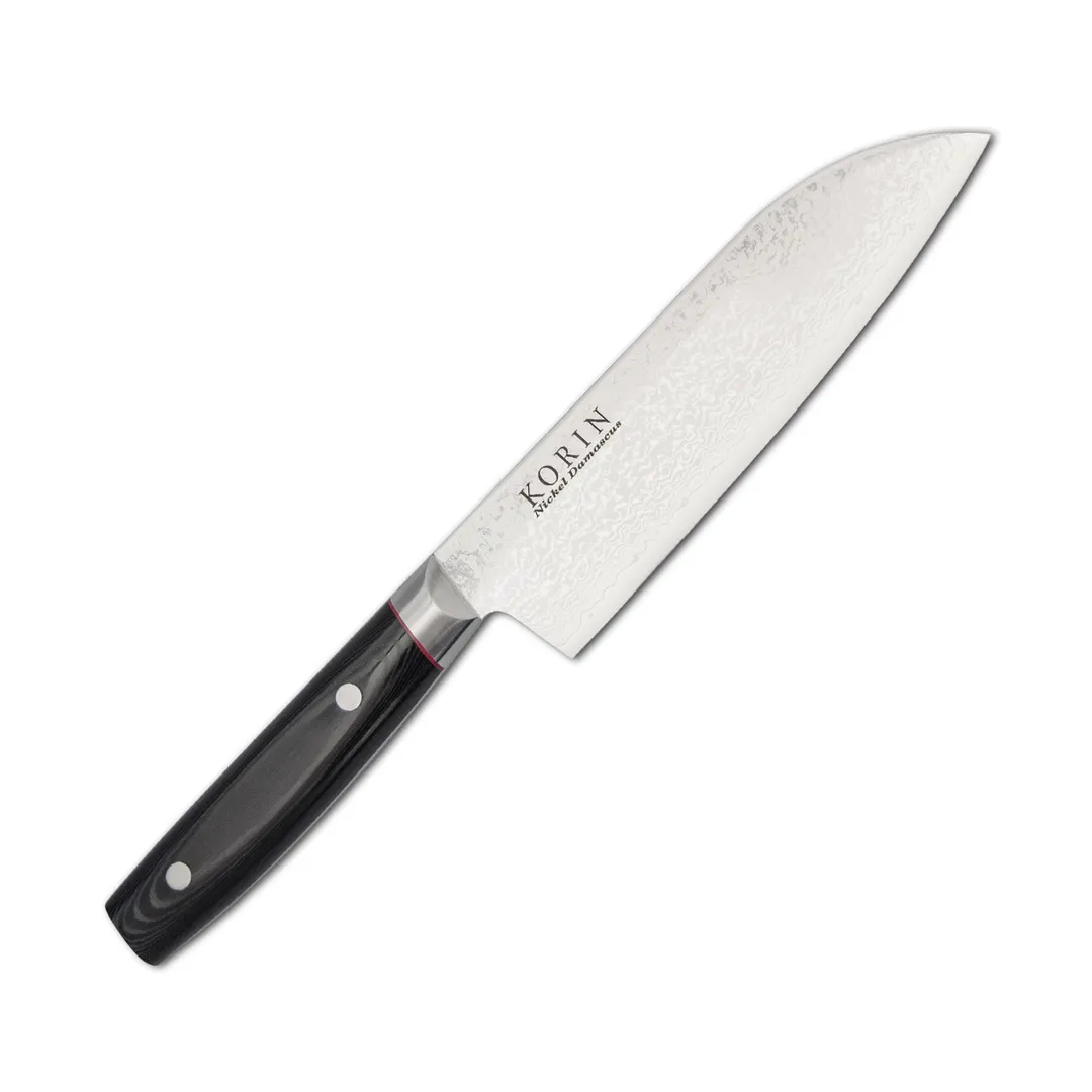 Korin HKR-DMSA-170 Damascus Santoku, 6-3/4" (17 cm) V10 Steel, Black Paper Micarta Handle