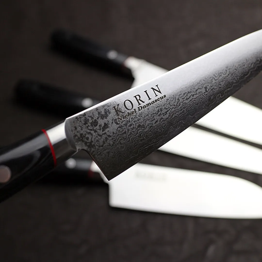 Korin HKR-DMSU-210 Damascus Sujihiki Knife, 8-1/4" (21 cm) V10 Nickel Steel, Black Micarta Handle