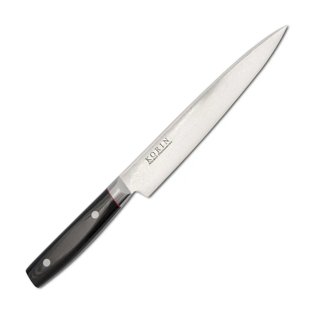 Korin HKR-DMSU-210 Damascus Sujihiki Knife, 8-1/4" (21 cm) V10 Nickel Steel, Black Micarta Handle