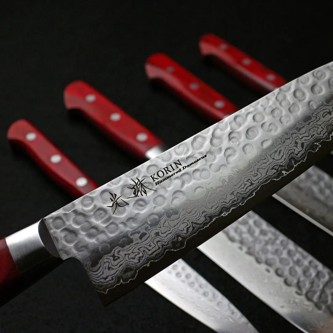 Korin HKR-TDGY-210 Damascus Gyuto Knife, 8-1/4" (21cm) V10 Steel, Burgundy Wood Handle, Beveled Edge