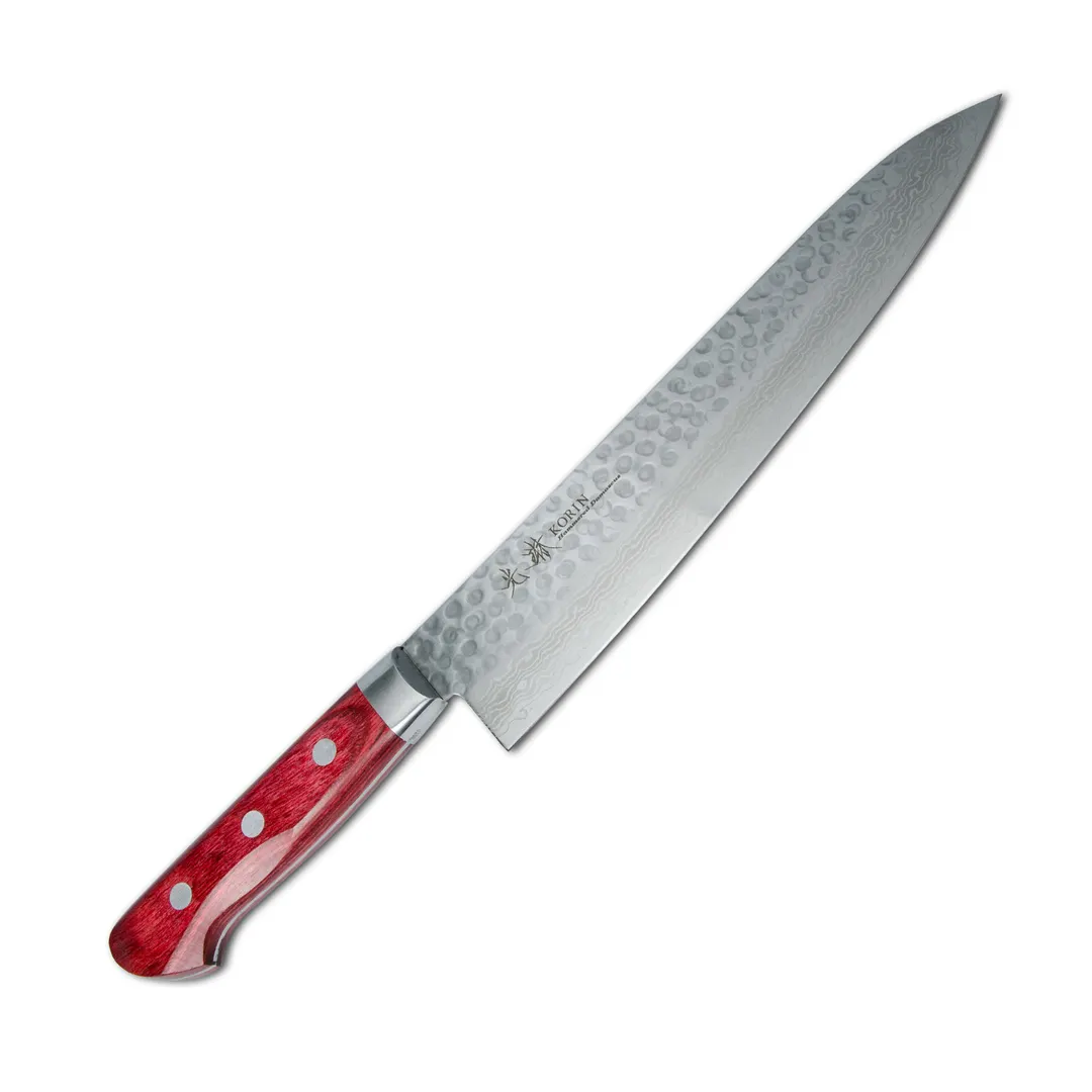 Korin HKR-TDGY-210 Damascus Gyuto Knife, 8-1/4" (21cm) V10 Steel, Burgundy Wood Handle, Beveled Edge