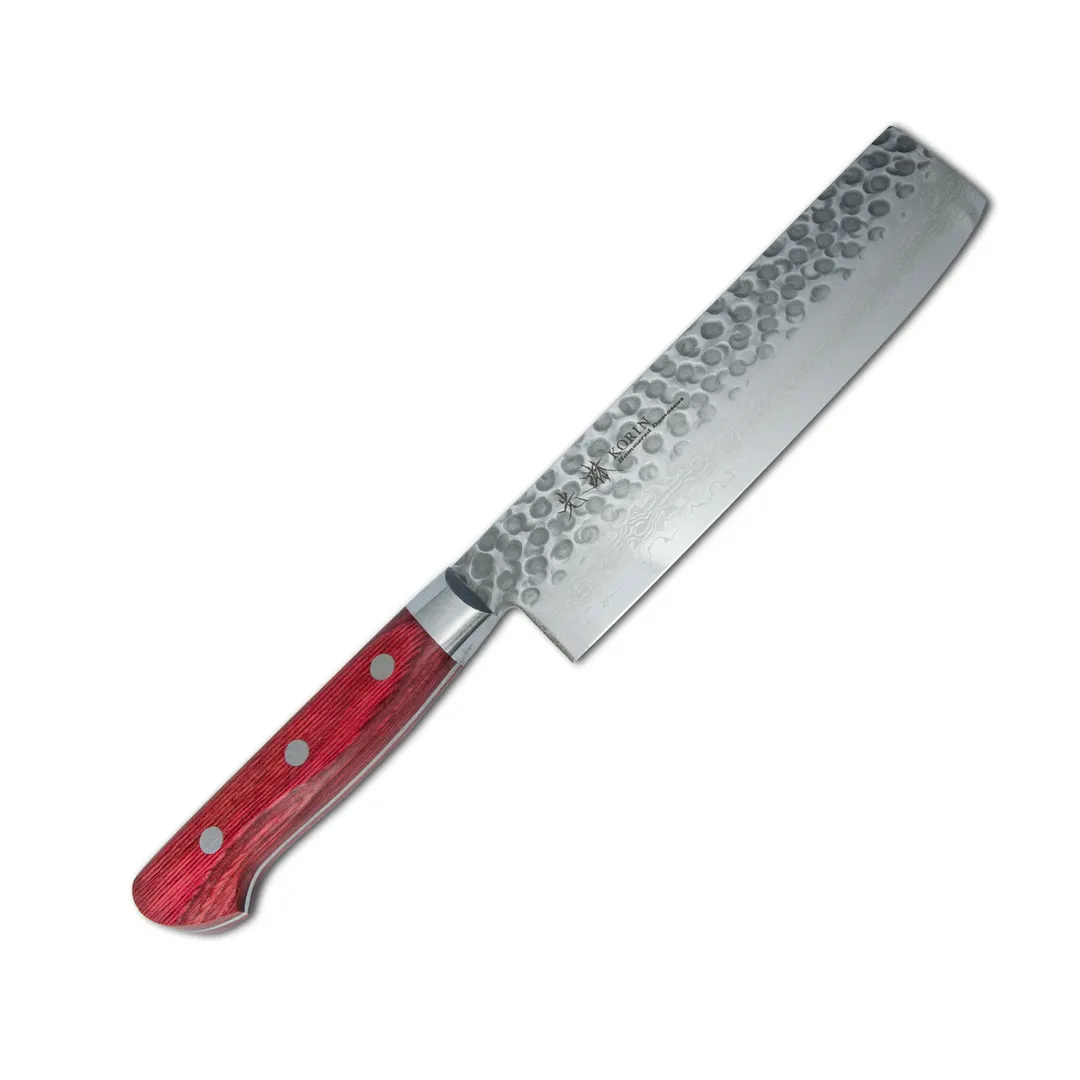 Korin HKR-TDNA-165 Damascus Nakiri Knife, 6-3/8" Blade, V10 Steel, Burgundy Wood Handle