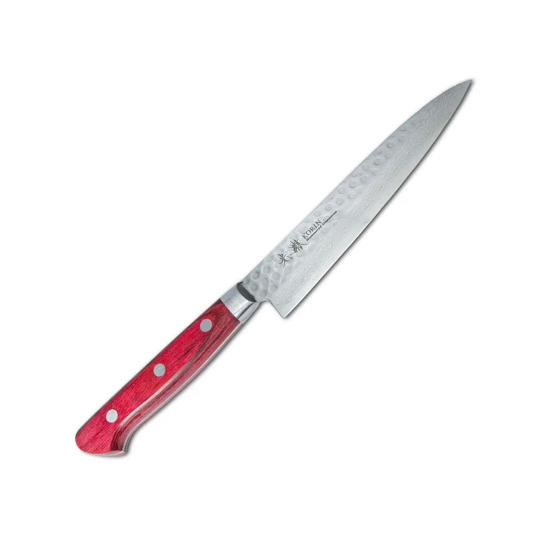 Korin HKR-TDPE-140 Damascus Petty Knife, 5-1/2" Blade, V10 Steel, Burgundy Wood Handle