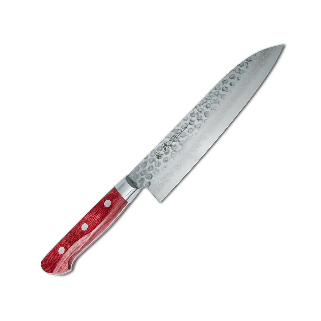 Korin HKR-TDSA-180 Damascus Santoku Knife, 7" Blade, V10 Steel, Burgundy Wood Handle