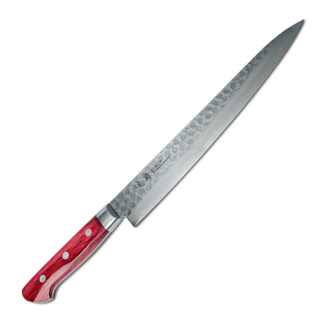 Korin HKR-TDSU-240 Damascus Sujihiki Knife, 9.4" Blade, V10 Steel, Burgundy Wood Handle