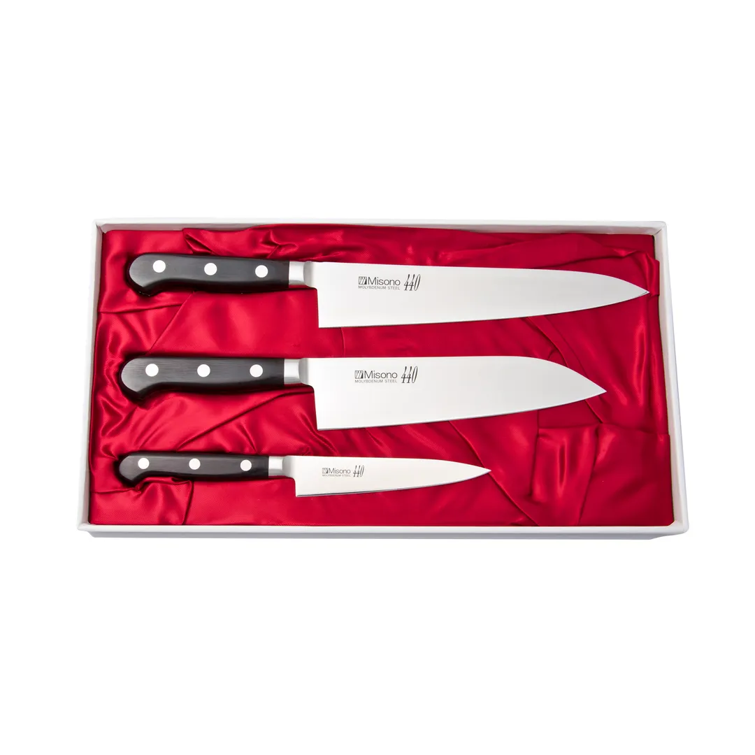 Korin HMI-4403 3-Piece Knife Set, 8-1/4" Gyutou, 7" Santoku, 4-3/4" Petty, Steel Blade - Boxed