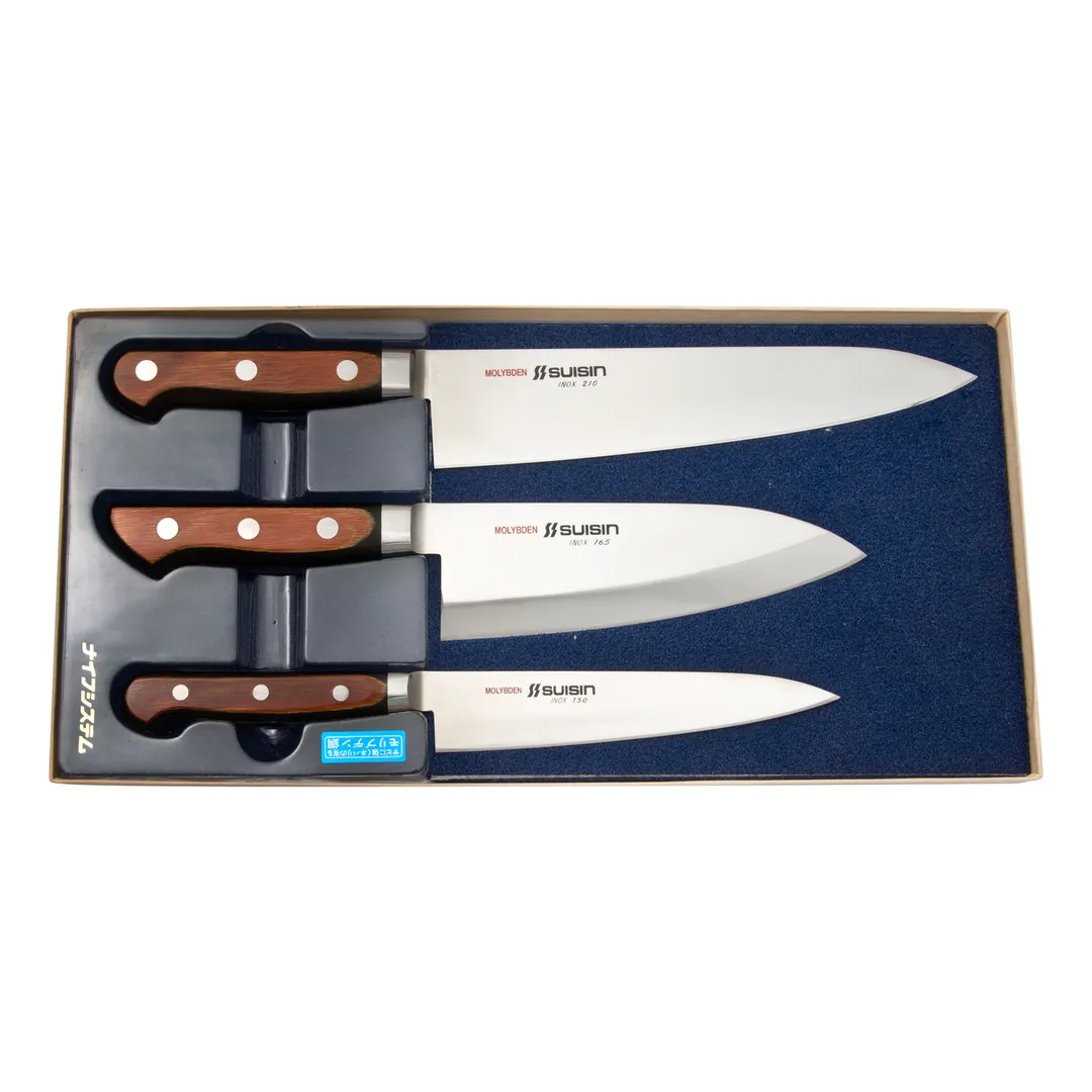 Korin HSU-IN3 Suisin Inox 3-Piece Knife Set 8.25" 6.5" 6" 70/30 Beveled Edge Steel Handle - 1/Set