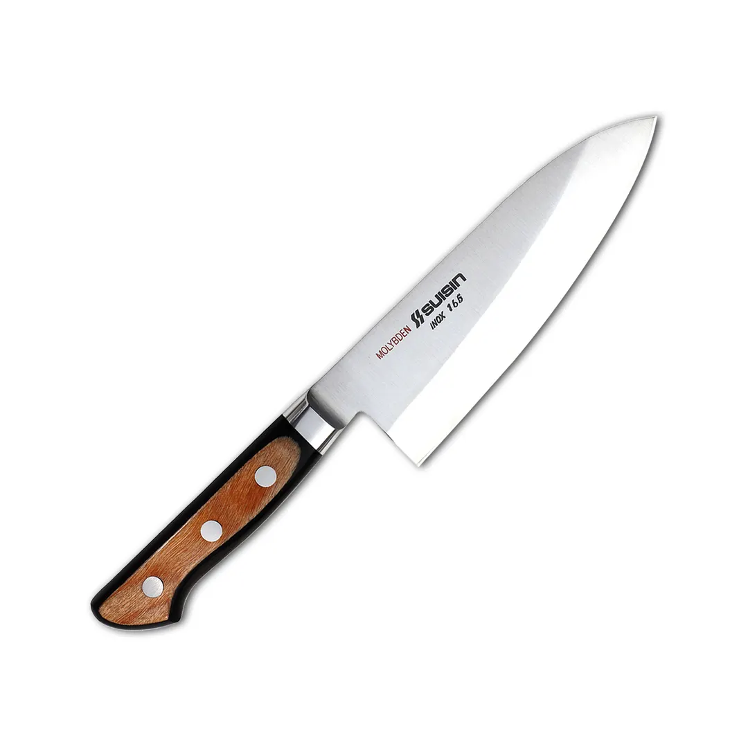 Korin HSU-INDE-165 Suisin Inox Deba Knife, 6-1/2" Forged 8A Steel Blade, Two‑Tone Wood Handle