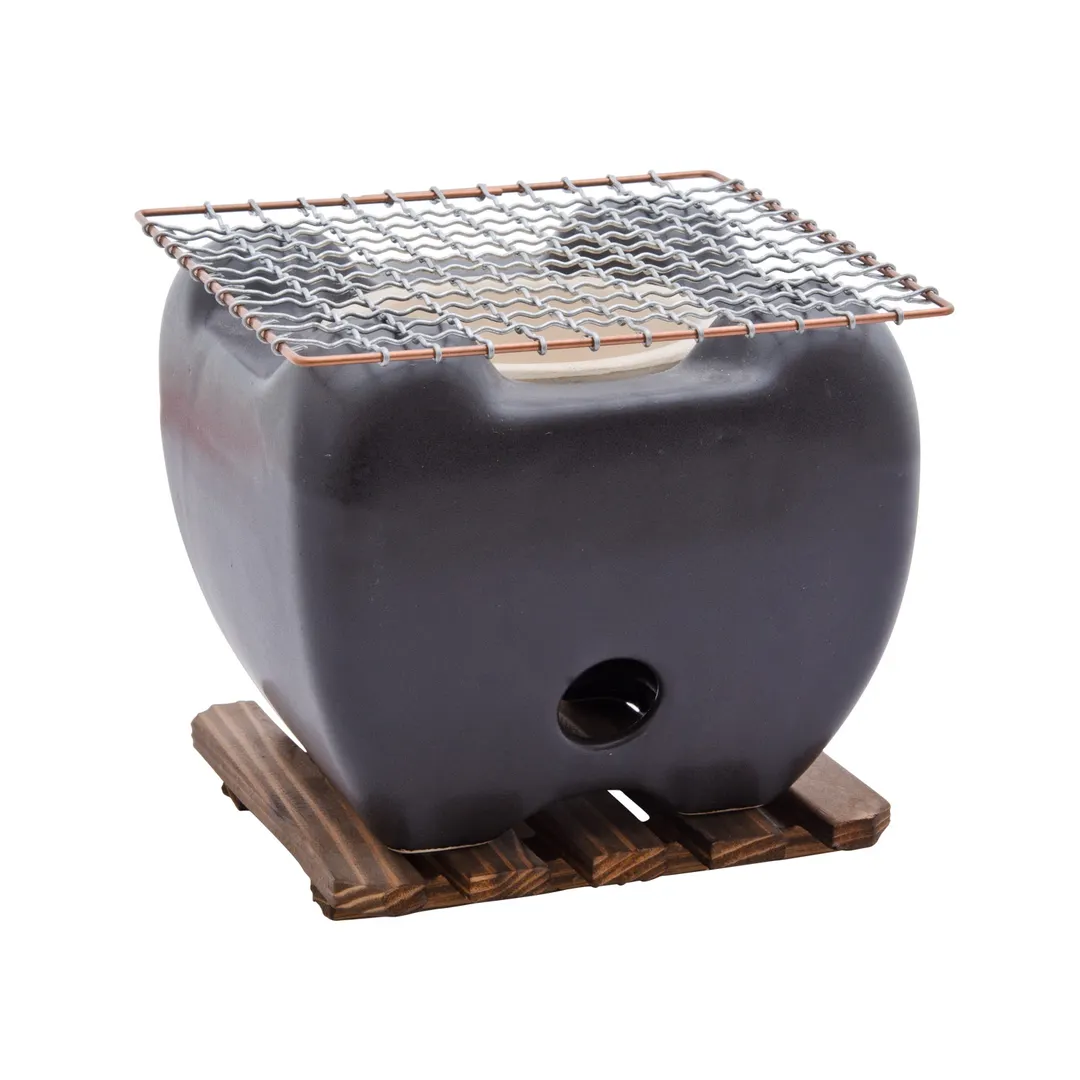Korin KON-130 Tabletop Konro Grill, 5-3/4"L x 5-3/4"W x 4-3/4"H, Square, Clay, Black