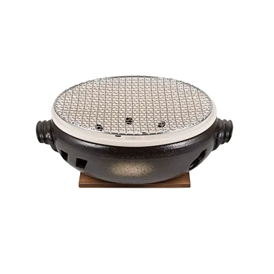Korin KON-134 Japanese Grill, 11" dia. x 4-1/2"H, Round, Double Handle, with Net, Clay, Bizen, Black