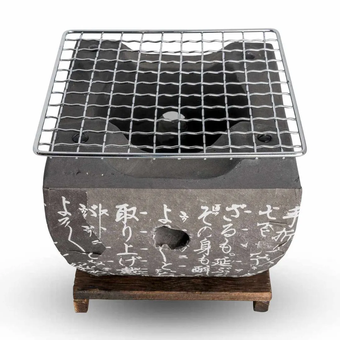 Korin KON-JST08-BK Black Hida Konro Grill with Wooden Base Net Screen, 5.5"x5"H