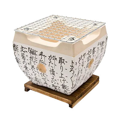 Korin KON-JST08 Konro Grill, 5-1/2"L x 5-1/2"W x 5"H, Oven & Stovetop Safe, Clay, Wood Base/Net