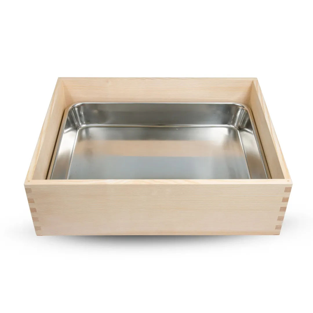 Korin NR-576 Sushi Neta Case Tray, 17-1/2" x 12-3/4" x 4-1/2", Wood Base with Stainless Steel Pan & Cover