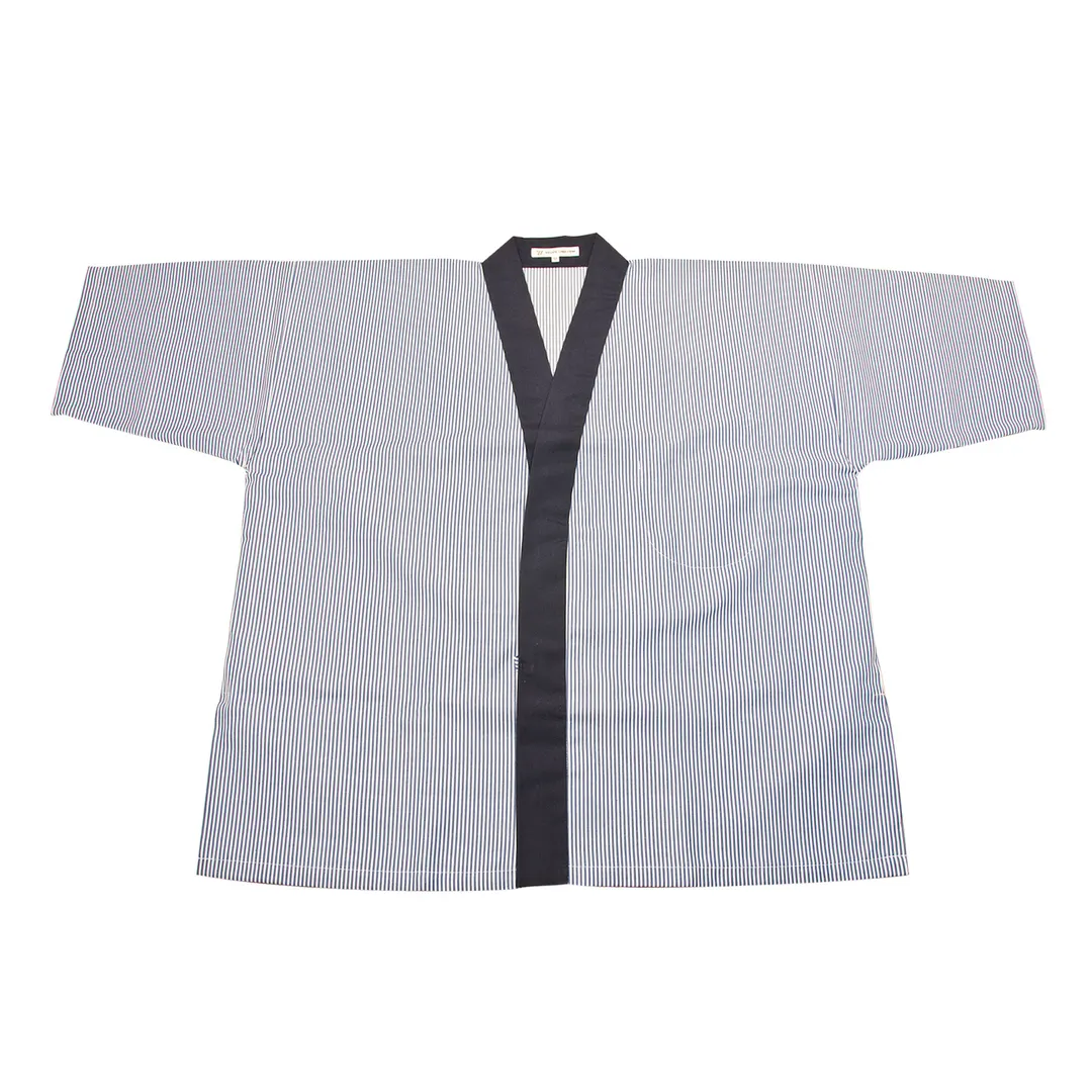 Korin UC-112-M Chef Coat – Medium Blue Pinstripe Poly/Cotton 48-4/5" x 28-7/10" x 23-1/5"