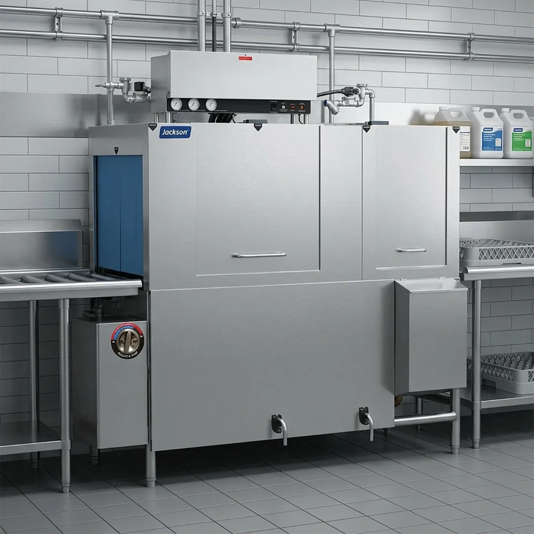 Jackson WWS AJX-66CE 66" Conveyor Dishwasher, 225 Racks/Hr - 153 Gal/Hr - High Temp without Booster