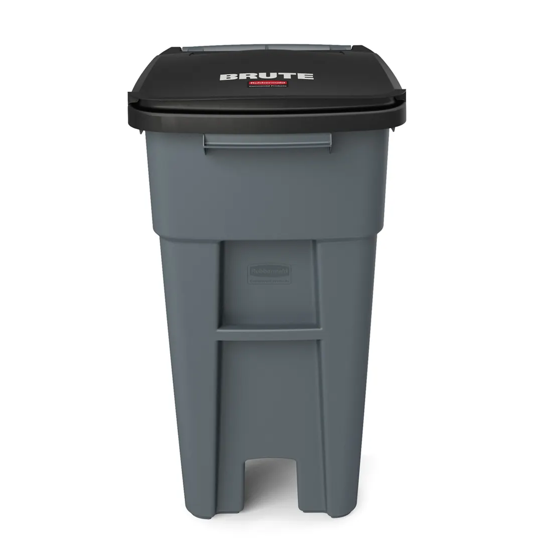 Rubbermaid 1971941 BRUTE 32‑Gallon Gray Trash Can with Hinged Lid, Auto‑Lifter Compatible, Wheels